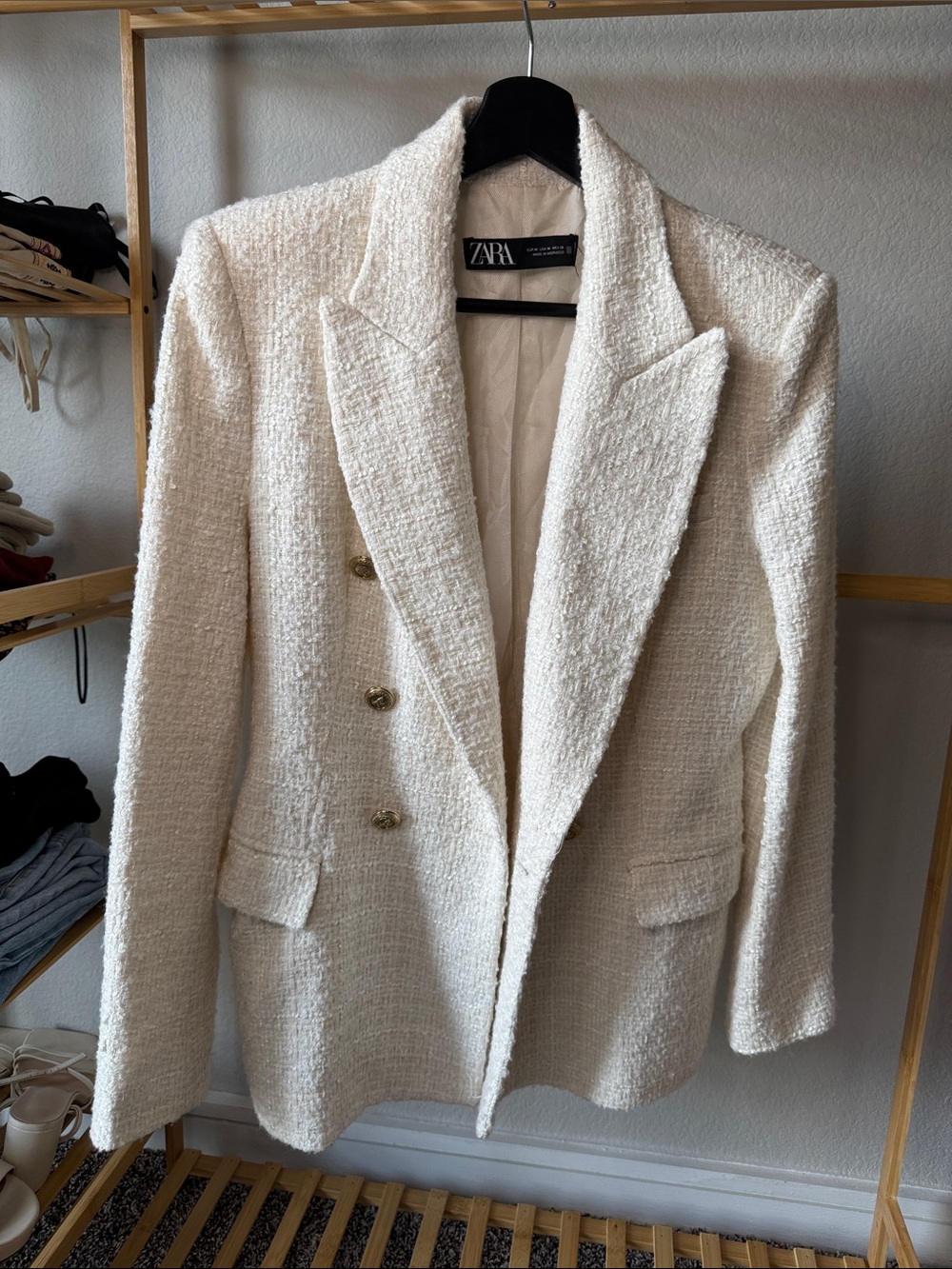 Zara Cream Bouclé Double-Breasted Blazer with Gold Buttons